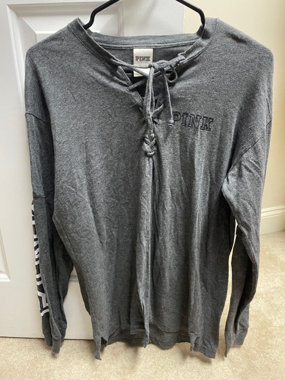 PINK Victoria's Secret Charcoal Gray Lace-Up Long Sleeve Tee